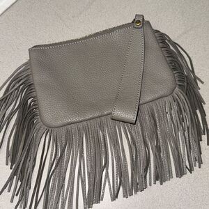 SHIRALEAH grey pebbled fringe wristlet